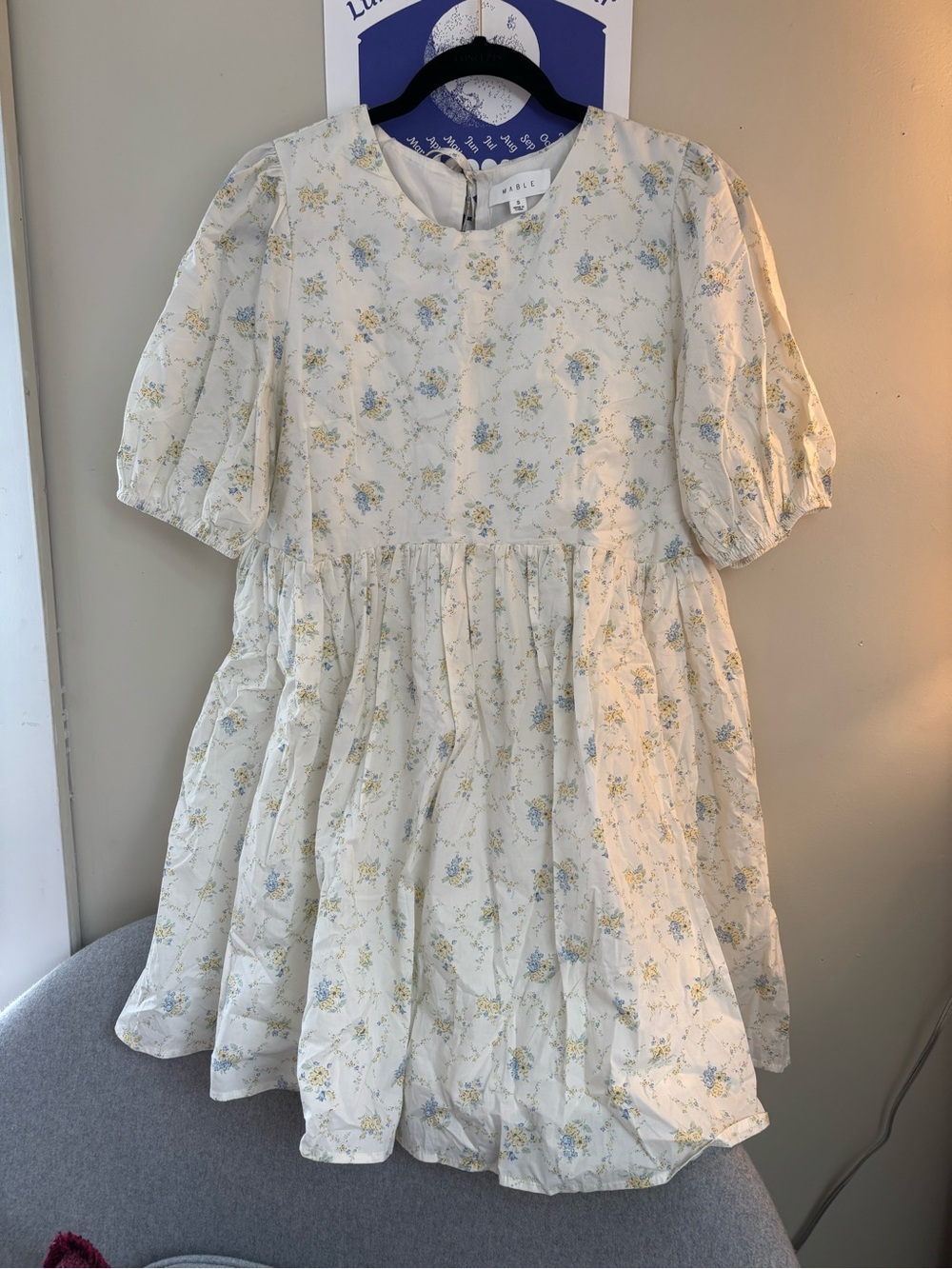 MABLE Cream Floral Puff-Sleeve Dress with Blue & Yellow Flowers